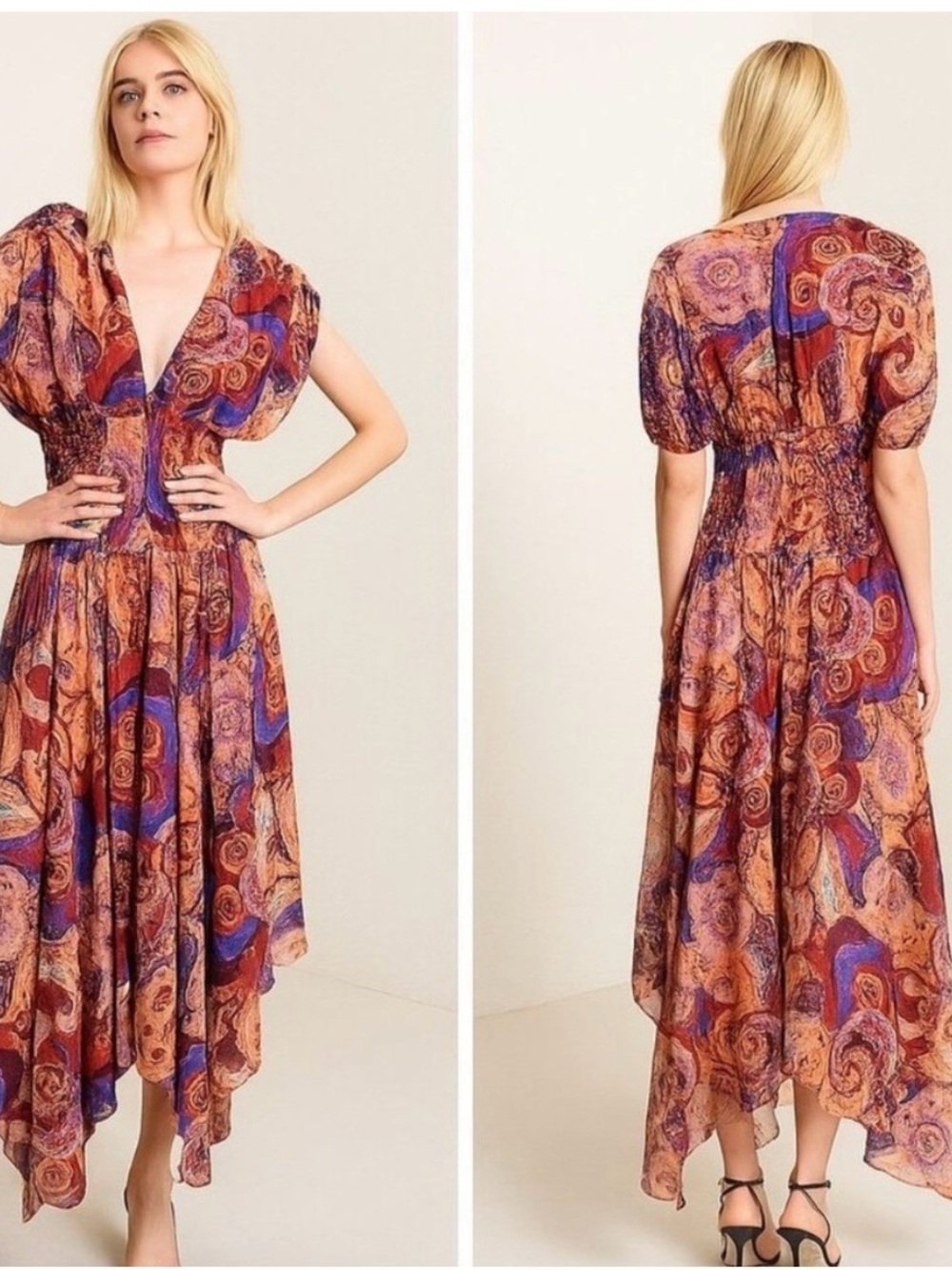 A.L.C. Purple & Rust Swirl V-Neck High-Low Maxi Dress